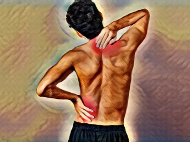 neck and back pain concept - man with neck and back muscle pain