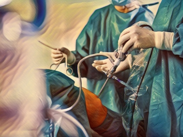 Knee surgery, Orthopedic Operation - two surgeons performing a knee surgery on a patient (shallow DOF; color toned image)