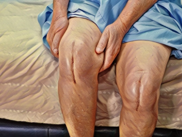 Asian senior or elderly old lady woman patient show her scars surgical total knee joint replacement Suture wound surgery arthroplasty on bed in nursing hospital ward : healthy strong medical concept.