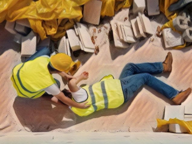 Worker has an accident while working being helped by a fellow worker