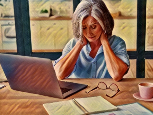 Tired stressed old mature business woman suffering from neckpain working from home office sitting at table. Overworked senior middle aged lady massaging neck feeling hurt pain from incorrect posture.
