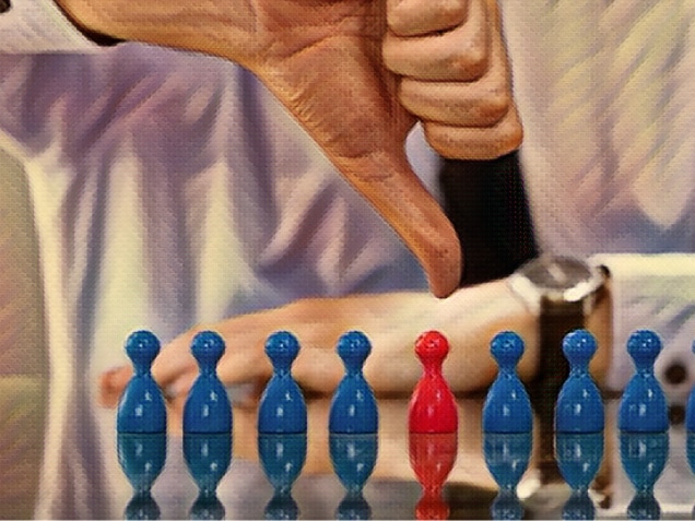 Workplace Discrimination Concept. Hand Showing Thumbs Down Near Red Pawn
