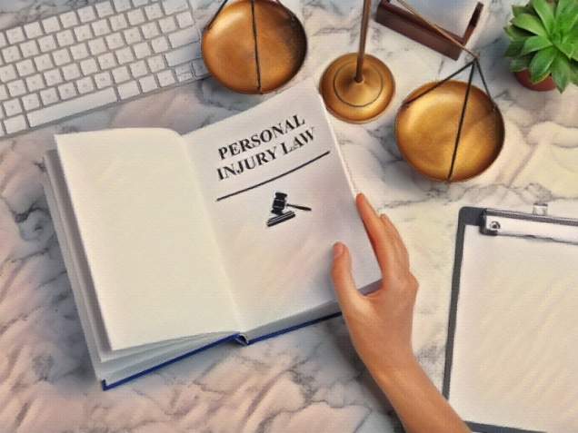 Woman turning page of book with words PERSONAL INJURY LAW at table