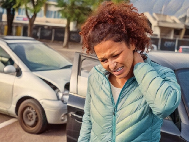 Woman suffering whiplash after bad cars pile up