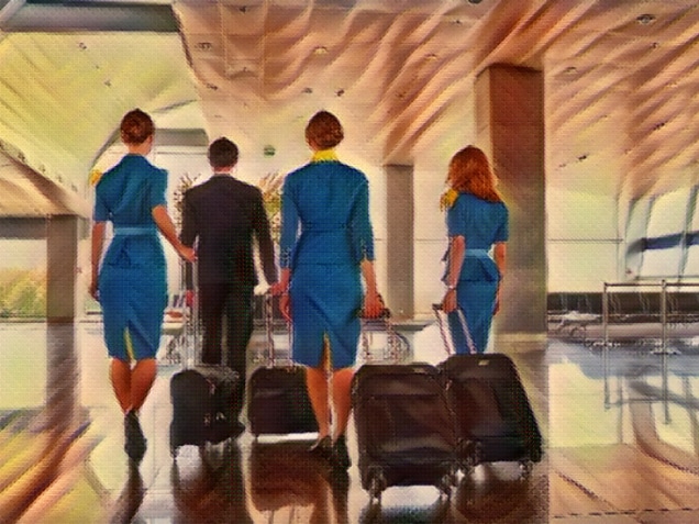 Back view of four airline employees pulling their trolley bags along the airport terminal