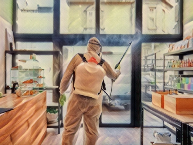 Man in protective suit disinfecting and spraying shop interior