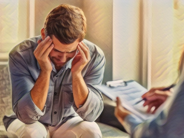 Handsome depressed man in casual clothes is leaning on his knees, crying and telling about his problems while sitting on the couch at the psychotherapist