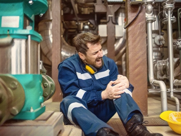 Refinery worker got himself injured during work sitting on the floor having knee pain.