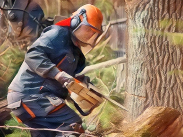 Forestry worker - lumberjack works with chainsaw. He cuts a big tree in forest. Lumberjack has protective clothes. Shooting with the Canon EOS 5D Mark II.