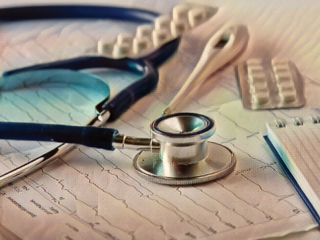 stethoscope on the cardiogram with medicines and thermometer on the background