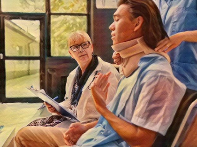 Traumatologist senior doctor and nurse helping asian patient to take off cervical neck collar