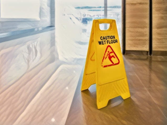 Yellow sign on floor that alerts for wet floor. Concept of how unsafe cleaning practices cause slip and fall accidents