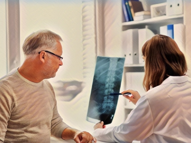 doctor with spine x-ray and senior man at hospital. Concept of steps to take after a slip and fall accident