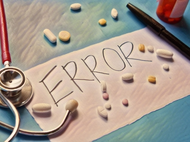 medical error text on a paper with pills and stethoscope on table