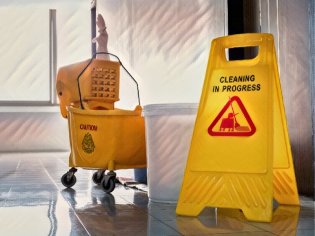 Close up yellow warning sign with message Cleaning in progress with cleaning trolley. One of most common slip and fall injuries concept