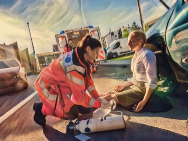 Female doctor providing first aid to woman injured in car accident. Concept of how is the statute of limitations affected by catastrophic injuries