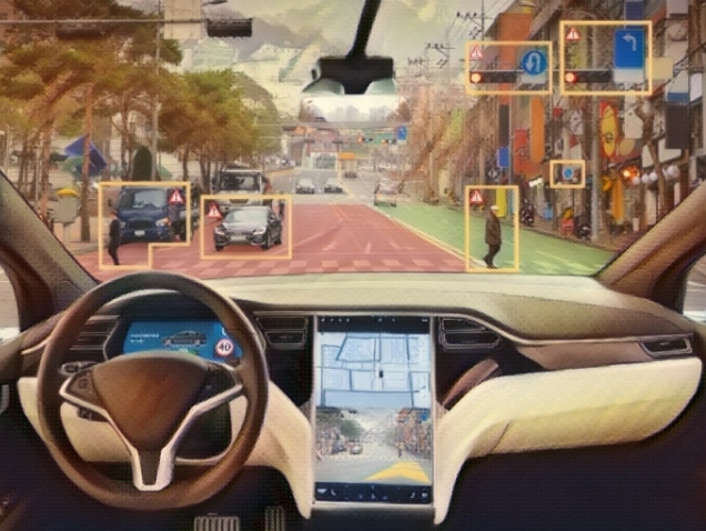Autonomous car with HUD (Head Up Display). Self-driving vehicle on city street