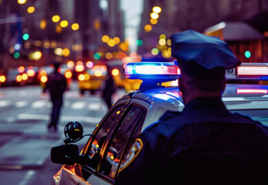 A police officer standing near a patrol car with flashing red and blue lights on a city street at night.