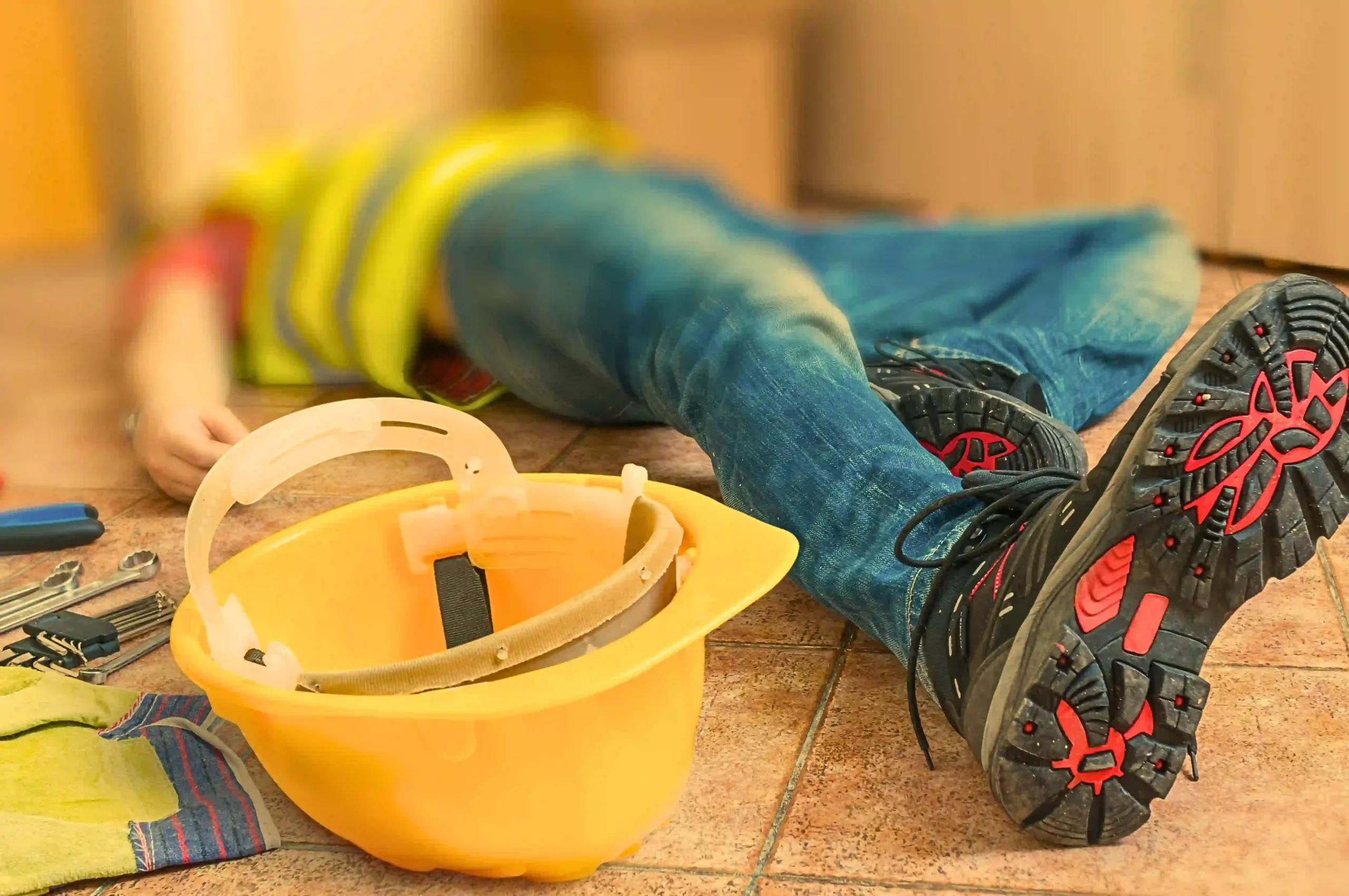 Leg and yellow helmet of injured lying worker at work.