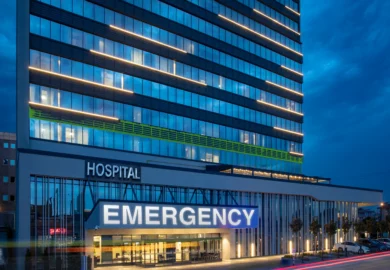 Modern hospital with a emergency sign