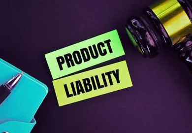 Product liability printed on coloured papers with wooden gavel, pen and planner.