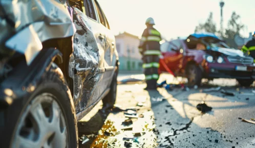 Firefighters respond to a fiery crash.