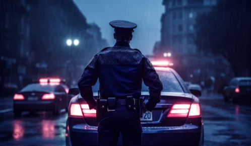 Backside of a police officer staring at the police car.