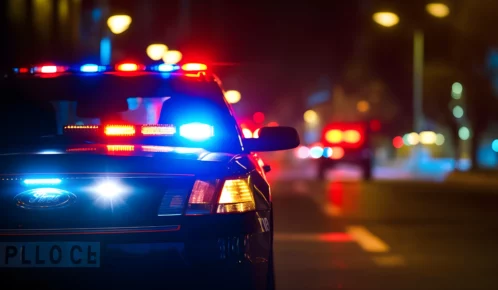 Police car patrolling the street during night.