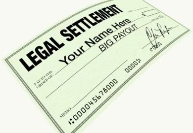 A lawsuit settlement check with the words Your Name Here. Legionnaires' disease lawsuit settlements