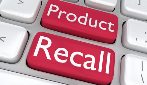 Render illustration of computer keyboard with the print Product Recall on two adjacent red keyboard buttons.