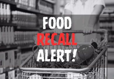 Grayscale image of shopping cart with "FOOD RECALL ALERT!" written over it in all caps. Recall is red, while food and alert are white.