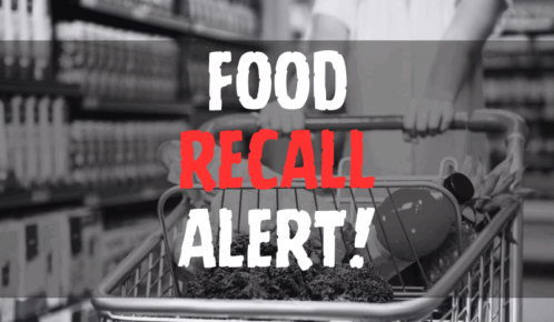 Grayscale image of shopping cart with "FOOD RECALL ALERT!" written over it in all caps. Recall is red, while food and alert are white.