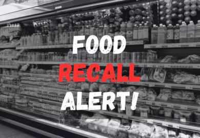 Grocery shop with food on shelves with food recall alert texts.