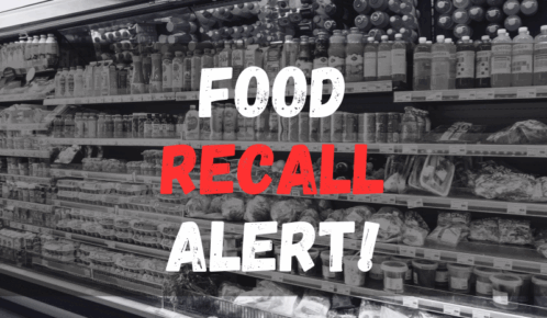 Grocery shop with food on shelves with food recall alert texts.