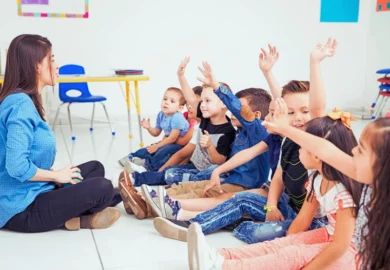 Preschool students raising their hands and trying to participate. Daycare Injury