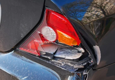 Damaged tail light of a car after an accident.