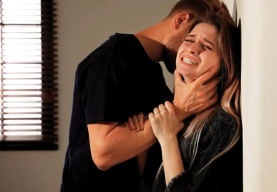 Man choking young woman indoors. Sue After a Sexual Assault