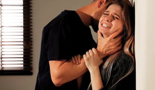 Man choking young woman indoors. Sue After a Sexual Assault