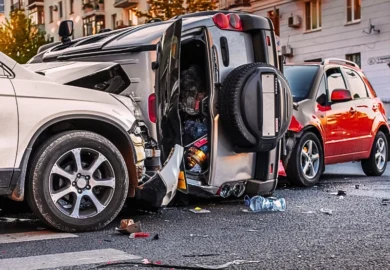 Collision and damage in the city of three cars.