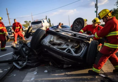 Firefighters respond to a serious crash involving an overturned car on a city street, with debris and emergency vehicles nearby.