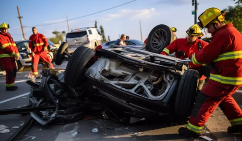Firefighters respond to a serious crash involving an overturned car on a city street, with debris and emergency vehicles nearby.