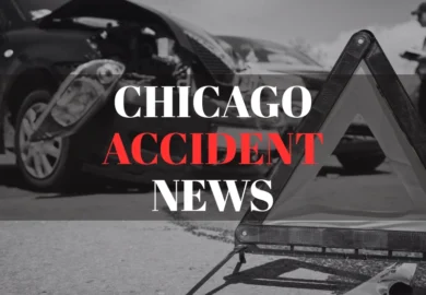 Black and white image of a car crash scene with a warning triangle in the foreground and the text "Chicago Accident News" overlaid.
