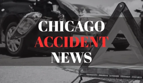 Black and white image of a car crash scene with a warning triangle in the foreground and the text "Chicago Accident News" overlaid.