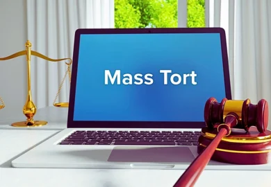 Laptop in the office with Mass Tort text on the screen with wooden gavel and justice scale. Qualify for a Hernia Mesh Lawsuit
