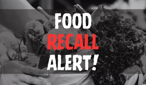 ChatGPT said: Black and white image of a person holding a basket filled with fresh vegetables, overlaid with the text "Food Recall Alert!" in bold white and red letters.