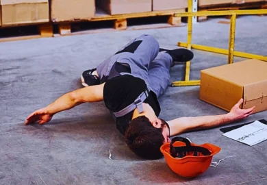 Warehouse worker after an accident in the storage. Man in uniform lying down on the ground. Slip and Falls at Big Box Stores