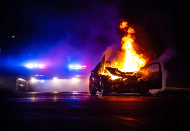 Car on fire in the night.
