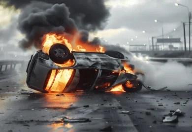 A white car on fire after a car crash.