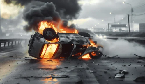 A white car on fire after a car crash.