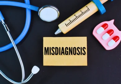 Stethoscope, needle shape and medicine with the word. misdiagnosis become medical malpractice